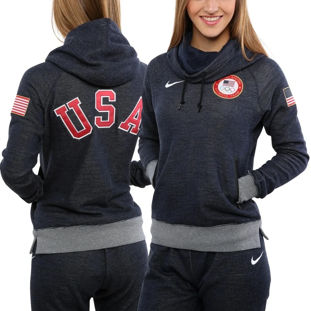 Nike Team USA Winter Olympics Wool Fleece Pullover Funnel Hoodie Navy Large